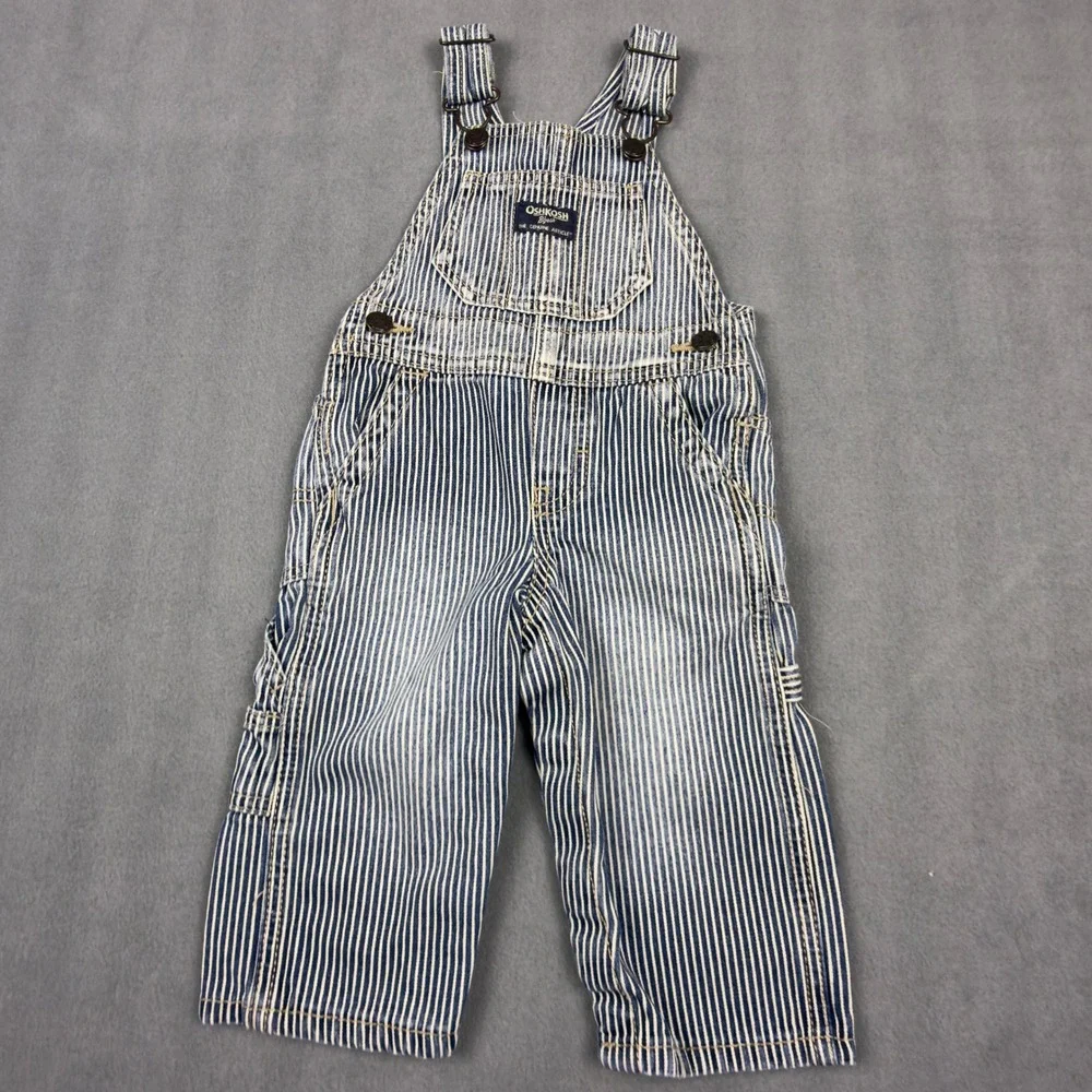 OshKosh Bgosh Baby Boys 9M Hickory Stripe Denim Overalls Blue White Bib Overall‎